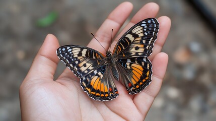 Colorful butterfly resting on a human hand.