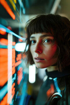 Close-up of young woman in high-tech environment wearing lighted AR glasses, symbolizing intuitive interaction, digital navigation and immersive future interfaces.