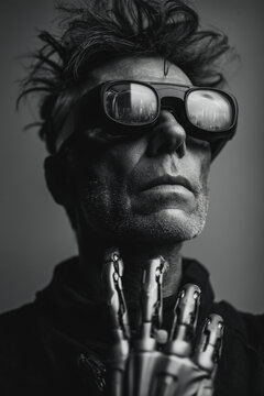 Older male with styled hair and robotic hand poses in dark setting wearing futuristic visor glasses, representing transhumanism, memory and future perception.