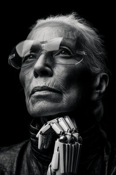 Senior person gazing forward with translucent augmented glasses and robotic hand, visual metaphor of digital foresight, wisdom and post-human identity.