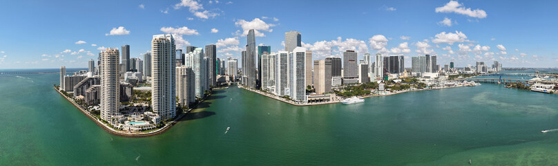 Cityscape panoramic downtown. City architecture skyline. Miami skyline panorama. Miami skyscraper cityscape. Miami city panoramic skyline of Brickell key. Miami downtown panorama. Modern city