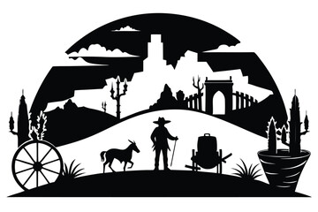 Obraz premium Black Silhouette of Western Landscape with Cowboy, Donkey, and Old Buildings