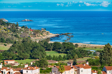 Panoramic view of the beach apartment buildings and beach houses at resort town of Quintay, V Region, Chile