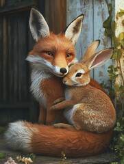 Fototapeta premium Adorable fox embraces a cute rabbit in nature.