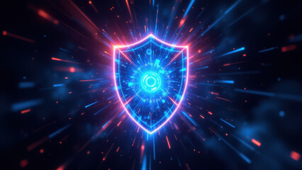Cybersecurity shield with glowing energy lines and a central digital sphere.