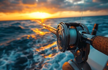 Fishing Rod With The Reel On The Boat At Sunset Against The Ocean