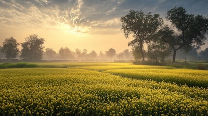 Obraz premium Rural Punjab at dawn, beautiful mustard fields shining under the early morning light generative ai