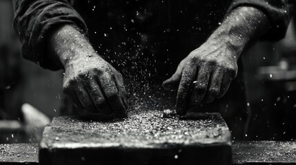Blacksmith forges red-hot iron on an anvil with flying sparks during a traditional metalworking session