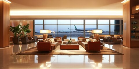 Inviting airport lounge with warm and welcoming atmosphere.