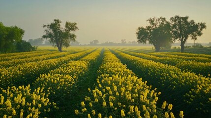 Obraz premium Rural Punjab at dawn, beautiful mustard fields shining under the early morning light generative ai