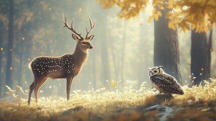 A serene moment between a deer and an owl.