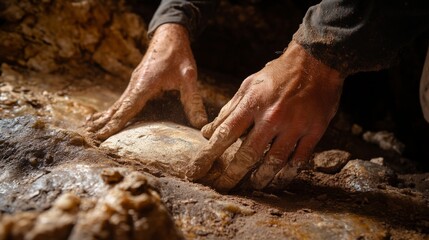 Cave explorer uncovers ancient artifact buried in dirt deep underground showcasing archaeological discovery