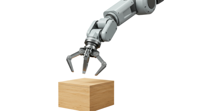 Isolated Robotic Arm Lifting Wooden Box