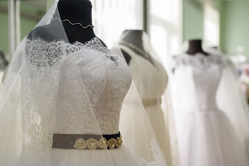 Elegant Wedding Dresses Displayed on Mannequins in Luxurious Bridal Salon