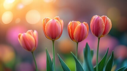 Spring tulips in bloom at sunset, garden scene