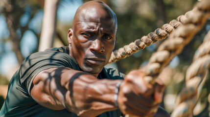 Bald athlete doing battle rope exercise at crossfit gym. Concentrated african man doing cross fit exercise while working out in gym. Focused man in sportswear training exercise