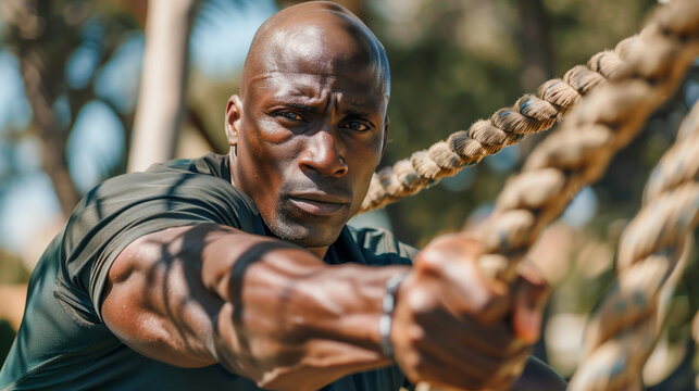 Bald athlete doing battle rope exercise at crossfit gym. Concentrated african man doing cross fit exercise while working out in gym. Focused man in sportswear training exercise