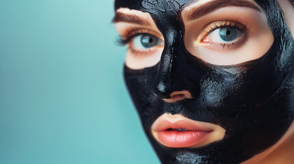 Obraz premium Carbon face peeling procedure. Laser pulses clean skin of the face. Hardware cosmetology treatment. Process of photothermolysis, warming the skin, laser carbon peeling. Facial skin rejuvenation