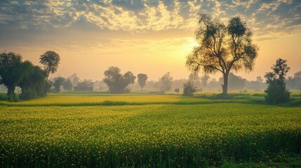 Rural Punjab at dawn, beautiful mustard fields shining under the early morning light generative ai