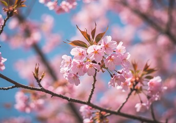 Obraz premium Delicate pink cherry blossoms blooming under a bright spring sky, a gentle breeze softly swaying the petals, showcasing nature's ephemeral beauty in soft focus.