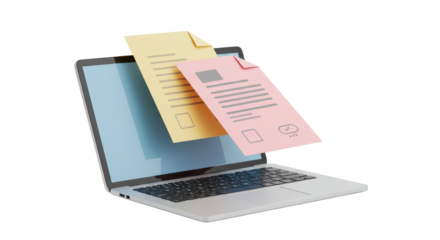 Isolated Laptop with Documents Flying Out