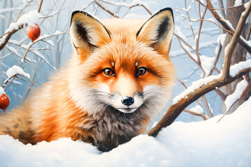 Fototapeta premium Fox is sitting in the snow with a red apple in its mouth