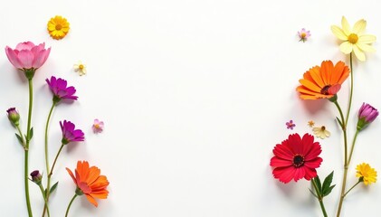 Obraz premium Delicate, scattered wildflowers on white background, color, floral pattern