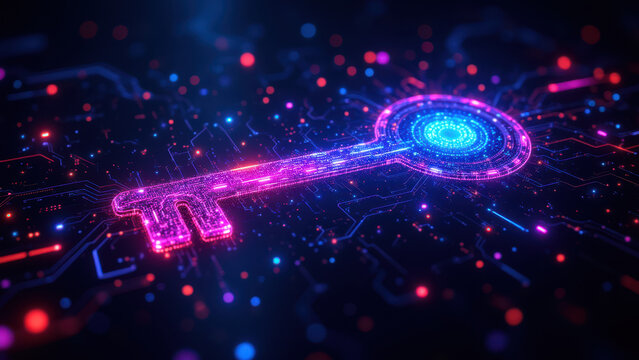 This is a vibrant digital illustration depicting a futuristic key with intricate circuitry as a symbol of cybersecurity and internet security.