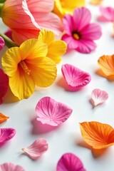colorful flower petals on a clean white surface, closeup, detail
