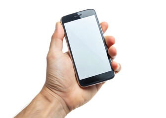 Human hand holding smartphone isolated on white, modern tech concept