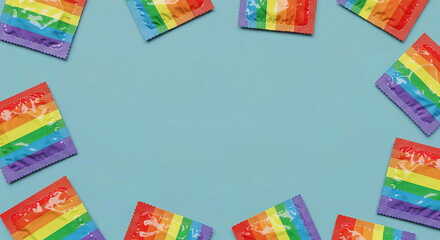 Colorful rainbow condom wrappers on blue pastel background, copy space. LGBT, LGBTQ+ safe sex protection contraceptive, wallpaper backdrop, fun vibrant condoms