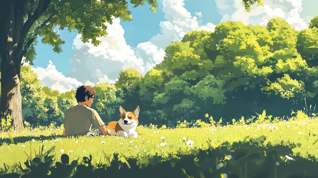 A boy relaxing with his pet dog in nature.