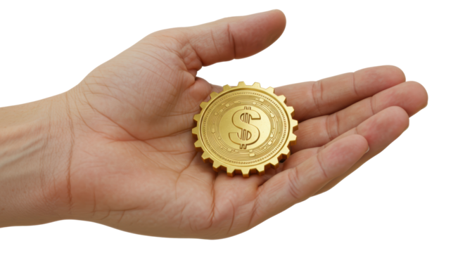 Isolated Hand Holding a Golden Gear Coin with Dollar Sign