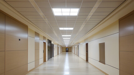 Ceiling lights illuminating hallway patterns modern building photographic scene bright environment wide angle design inspiration