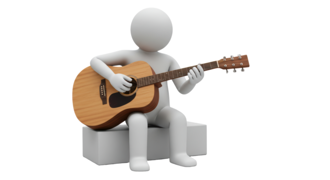 Isolated Stick Figure Playing Acoustic Guitar Sitting on Cube