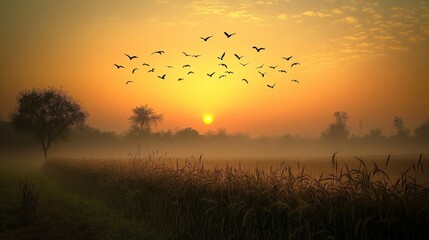 Naklejka premium Scenic sunrise in the heart of Punjab, birds flying over fields, creating a peaceful rural atmosphere generative ai