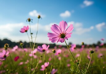 Obraz premium A single pink cosmos flower reaching for the sun in a breathtaking field, bathed in soft sunlight and gentle breezes.