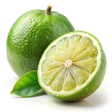 A hyper-realistic, high-resolution image of a fresh sweetlime  (mitha nimbu), one whole with smooth, bright green-yellow skin and one sliced to reveal the juicy