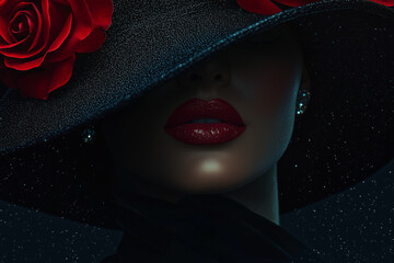 Red Rose Flower Woman Lips and Black Hat, Fashion Model Beauty. Red Rose Flower Woman Lips and Black Hat, Elegant Fashion Model Beauty Portrait, Lady in Wide Broad Brim Hat on Dark Background 