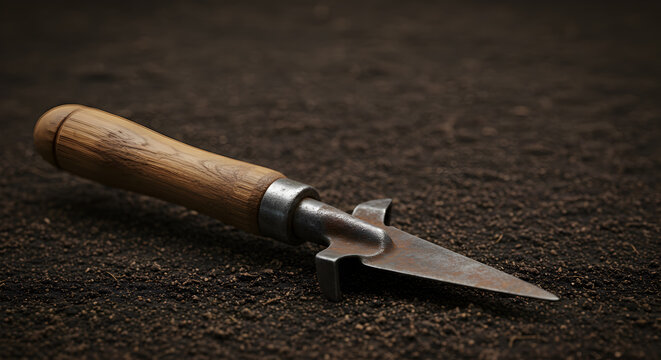 Close Up Of A Wooden Handled Vintage Garden Dibbler On Soil Background