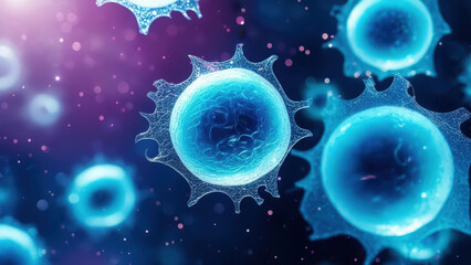 Naklejka premium Close-up of blue microscopic cells with spiked membranes in a glowing purple background, representing biology and microbiology concepts