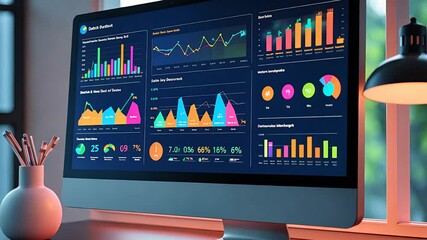 Vibrant data dashboard on computer screen displaying colorful charts graphs and analytics in modern office with warm lighting