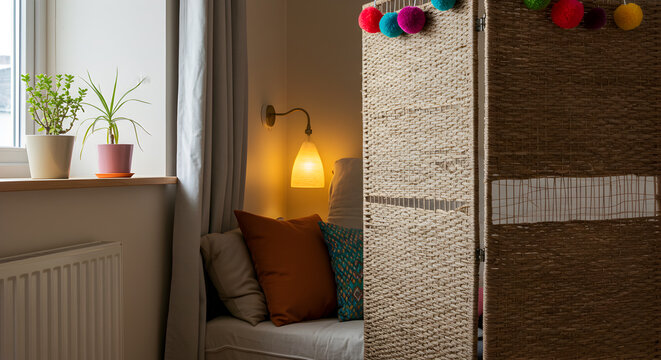 Cozy Nook Separated by Woven Room Divider with Colorful Pompoms Decoration