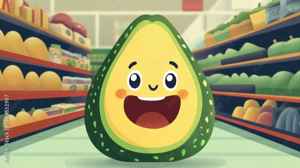 Poster Playful oversized cartoon avocado with cheerful expression in vibrant grocery store setting