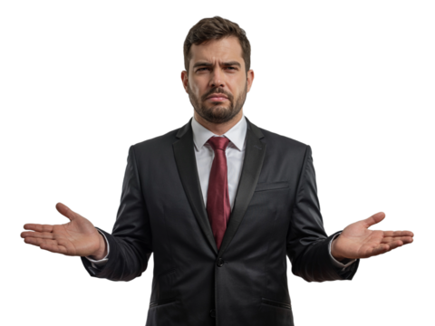 Businessman in formal attire expressing confusion or uncertainty with open hands against a plain background