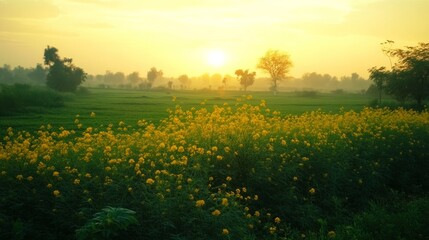 Obraz premium The sun peeks over the horizon, illuminating the vibrant mustard fields of Punjab, a magical morning scene. generative ai
