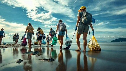A group of volunteers cleaning trash on a sunny beach along a shoreline. - Powered by Adobe