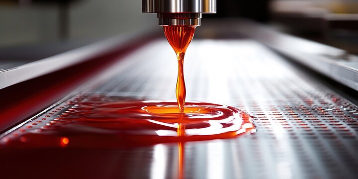 iquid Metal Precision: Modular Conveyor Shaping Molten Flow into Product Silhouettes. Industrial Elegance with Nano-Crystal Textures on Oxidized Red Gradient. High-Tech Manufacturing Visualization.
