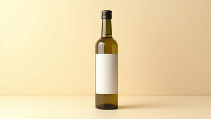Premium Olive Oil Bottle Mockup – Minimalist Glass Bottle with Blank White Label on Beige Background for Branding & Packaging Design