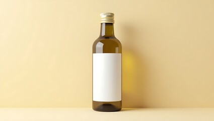 Premium Olive Oil Bottle Mockup – Minimalist Glass Bottle with Blank White Label on Beige Background for Branding & Packaging Design